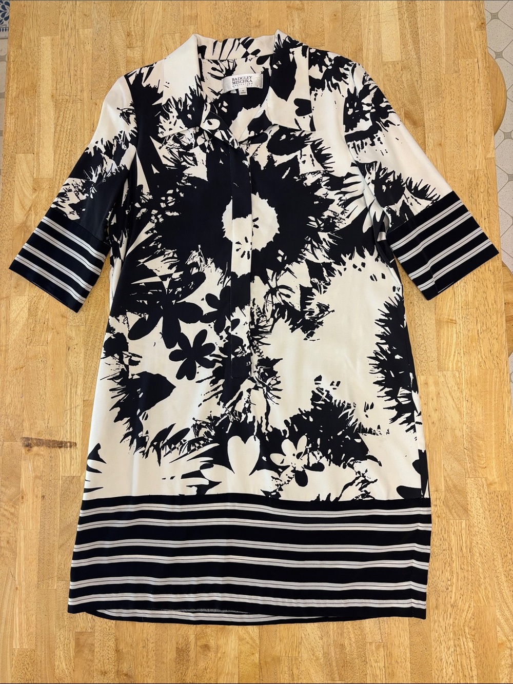 Badgley Mischka Collection 100% Silk Black White Floral Stripe Shift Dress 12